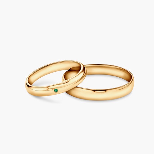 Obrączki Fairytale: złote, szmaragd, półokrągłe, 3 mm i 4 mm